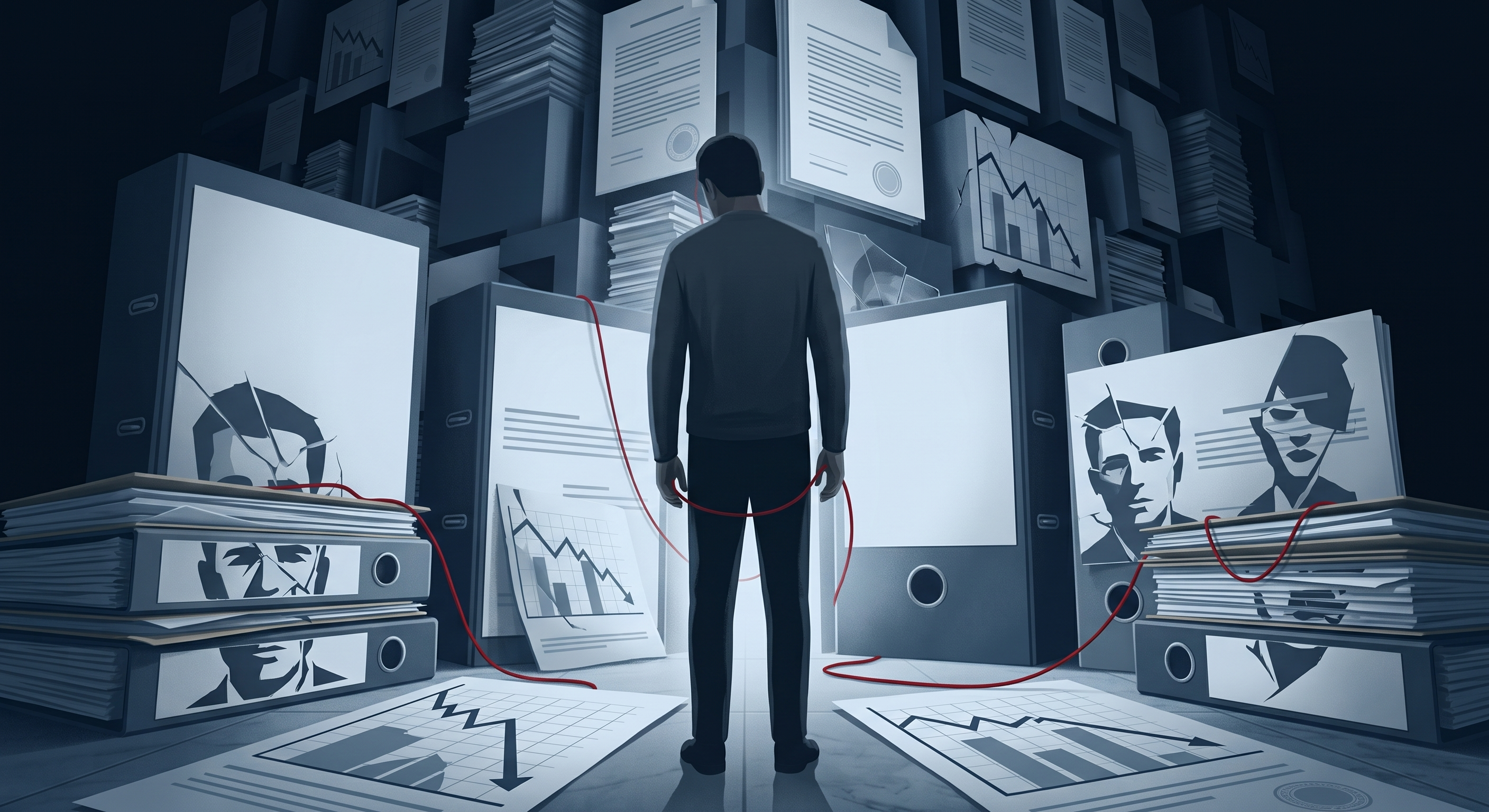 Abstrakti kuvitus miehestä jättimäisten mappien ja asiakirjojen edessä, symboloiden identiteettivarkauden byrokraattista painajaista.