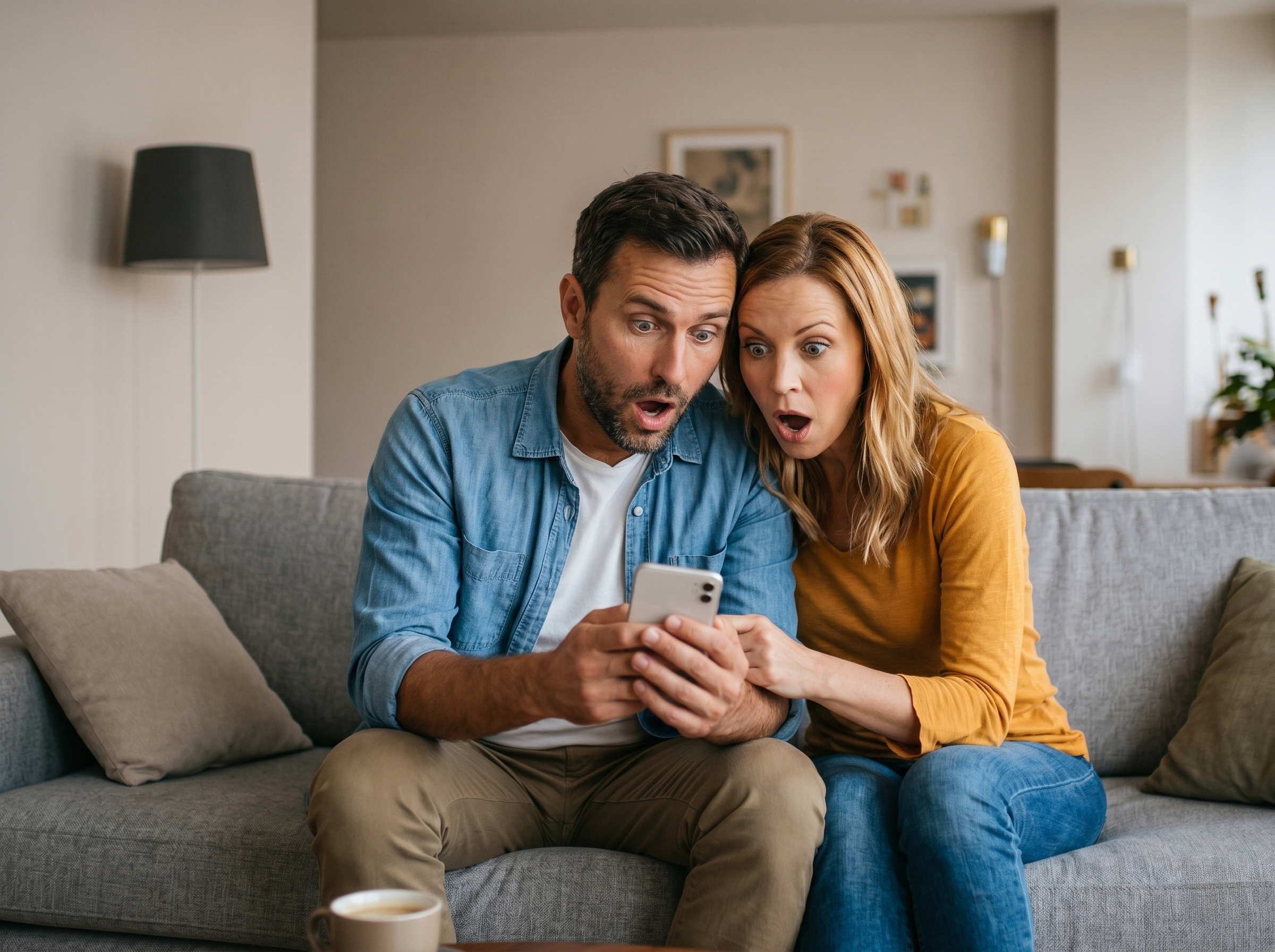 A shocked couple looking at a smartphone.