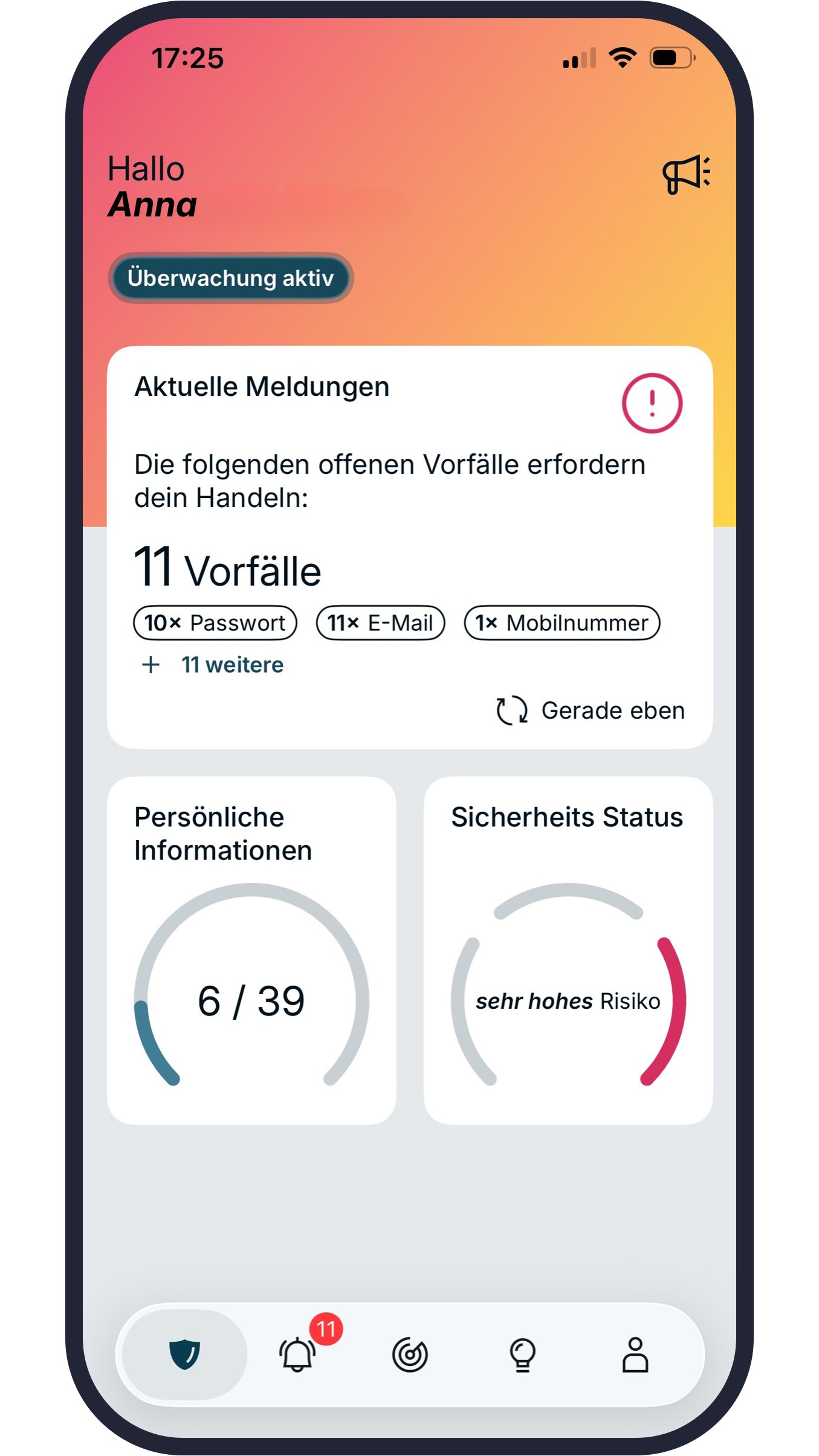 Dashboard der omniac App.