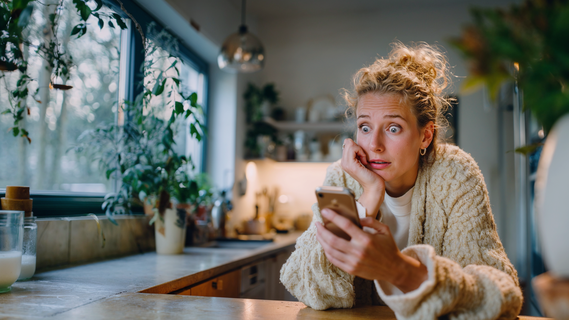 Woman looking shocked at her smartphone.