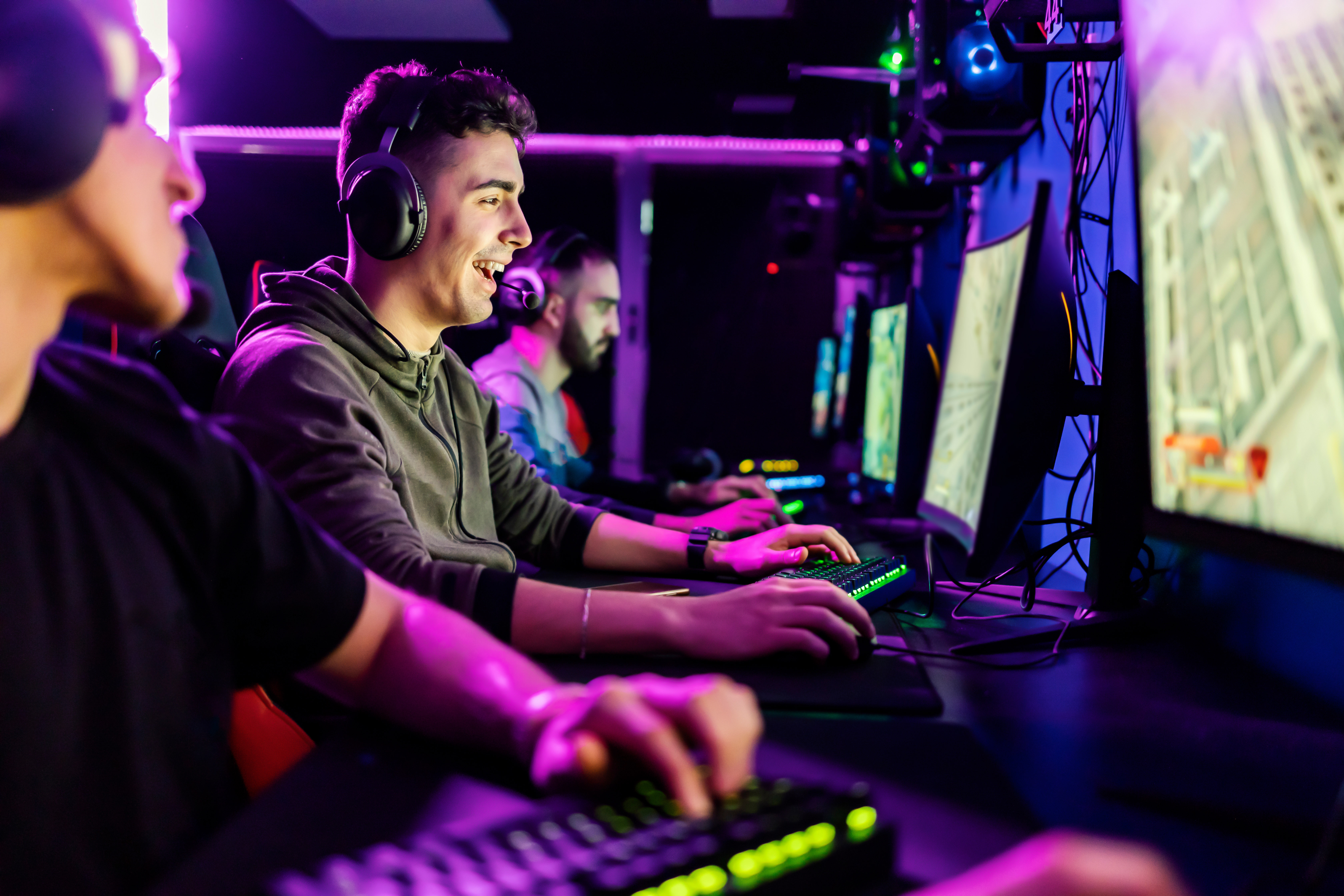 A gamer playing in an eSports tournament.